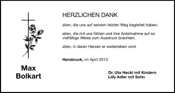 Traueranzeige von Max Bolkart von Hersbrucker Zeitung