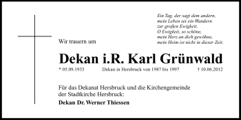Traueranzeige von Karl Grünwald von Hersbrucker Zeitung