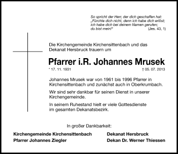 Traueranzeige von Johannes Mrusek von Hersbrucker Zeitung