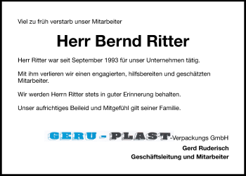 Traueranzeige von Bernd Ritter von Hersbrucker Zeitung