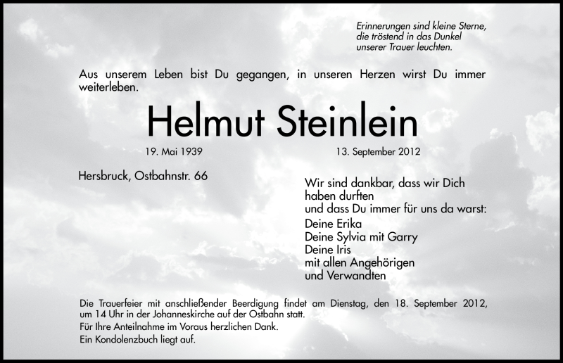  Traueranzeige für Helmut Steinlein vom 17.09.2012 aus Hersbrucker Zeitung