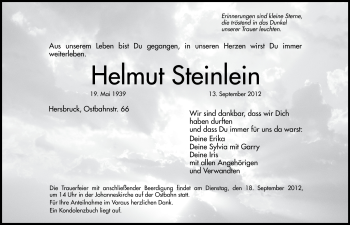 Traueranzeige von Helmut Steinlein von Hersbrucker Zeitung