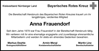 Traueranzeige von Anna Frauendorf von Hersbrucker Zeitung