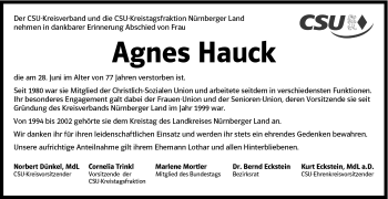 Traueranzeige von Agnes Hauck von Hersbrucker Zeitung