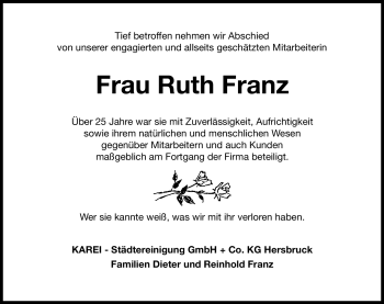Traueranzeige von Ruth Franz von Hersbrucker Zeitung