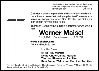 Traueranzeige von Werner Maisel von Hersbrucker Zeitung