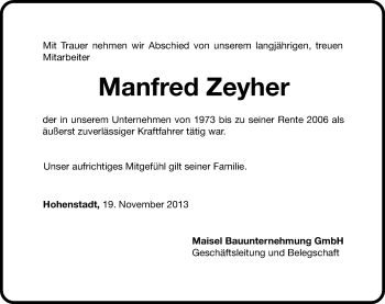 Traueranzeige von Manfred Zeyher von Hersbrucker Zeitung