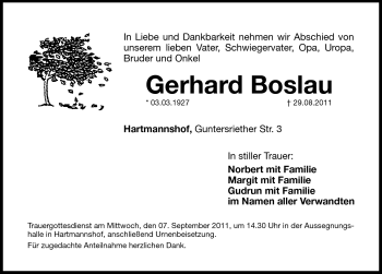 Traueranzeige von Gerhard Boslau von Hersbrucker Zeitung