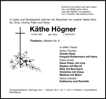 Traueranzeige von Käthe Högner von Hersbrucker Zeitung