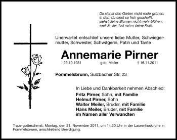 Traueranzeige von Annemarie Pirner von Hersbrucker Zeitung