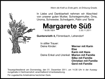Traueranzeige von Margarete Süss von Hersbrucker Zeitung