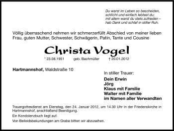 Traueranzeige von Christa Vogel von Hersbrucker Zeitung
