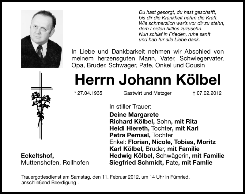  Traueranzeige für Johann Kölbel vom 10.02.2012 aus Hersbrucker Zeitung