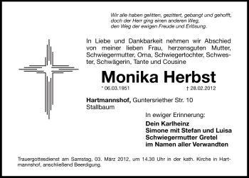 Traueranzeige von Monika Herbst von Hersbrucker Zeitung