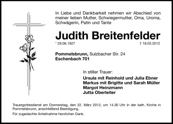 Traueranzeige von Judith Breitenfelder von Hersbrucker Zeitung