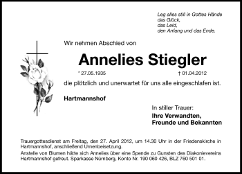Traueranzeige von Annelies Stiegler von Hersbrucker Zeitung