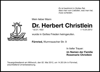 Traueranzeige von Herbert Christlein von Hersbrucker Zeitung