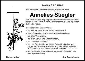 Traueranzeige von Annelies Stiegler von Hersbrucker Zeitung