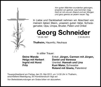 Traueranzeige von Georg Schneider von Hersbrucker Zeitung
