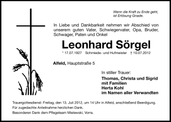 Traueranzeige von Leonhard Sörgel von Hersbrucker Zeitung