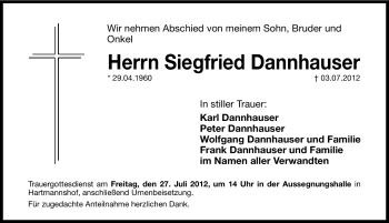 Traueranzeige von Siegfried Dannhauser von Hersbrucker Zeitung