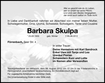 Traueranzeige von Barbara Skulpa von Hersbrucker Zeitung