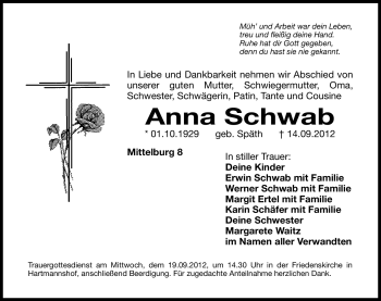 Traueranzeige von Anna Schwab von Hersbrucker Zeitung