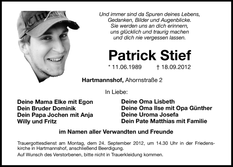  Traueranzeige für Patrick Stief vom 21.09.2012 aus Hersbrucker Zeitung