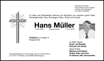 Traueranzeige von Hans Müller von Hersbrucker Zeitung