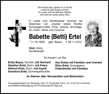 Traueranzeige von Babette Ertel von Hersbrucker Zeitung