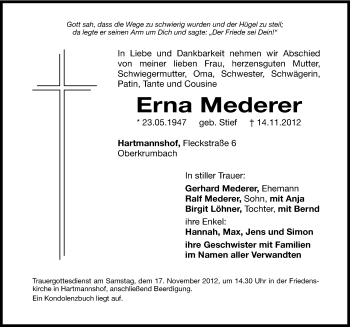 Traueranzeige von Erna Mederer von Hersbrucker Zeitung