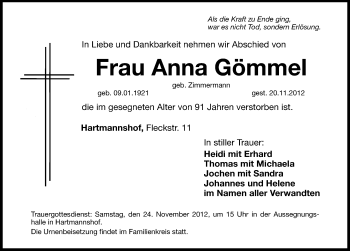 Traueranzeige von Anna Gömmel von Hersbrucker Zeitung