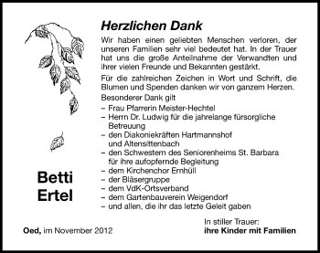 Traueranzeige von Betti Ertel von Hersbrucker Zeitung