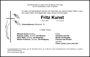 Traueranzeige von Fritz Kunst von Hersbrucker Zeitung