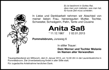 Traueranzeige von Anita Saß von Hersbrucker Zeitung