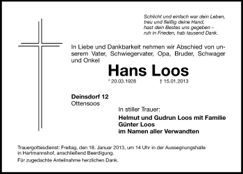 Traueranzeige von Hans Loos von Hersbrucker Zeitung