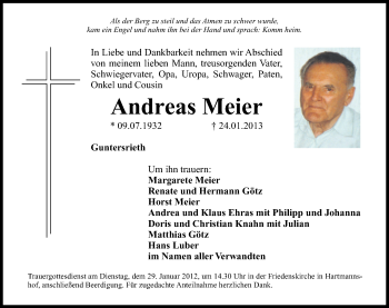 Traueranzeige von Andreas Meier von Hersbrucker Zeitung