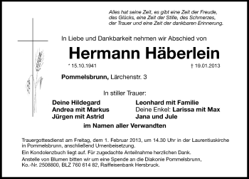 Traueranzeige von Hermann Häberlein von Hersbrucker Zeitung