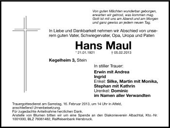 Traueranzeige von Hans Maul von Hersbrucker Zeitung