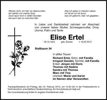 Traueranzeige von Elise Ertel von Hersbrucker Zeitung