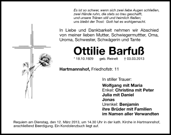 Traueranzeige von Ottilie Barfuß von Hersbrucker Zeitung