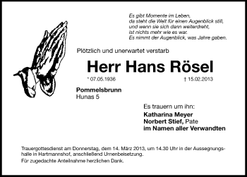 Traueranzeige von Hans Rösel von Hersbrucker Zeitung