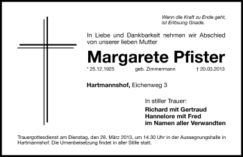 Traueranzeige von Margarete Pfister von Hersbrucker Zeitung
