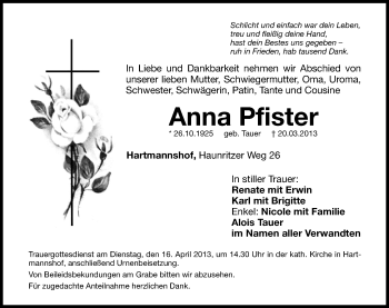 Traueranzeige von Anna Pfister von Hersbrucker Zeitung
