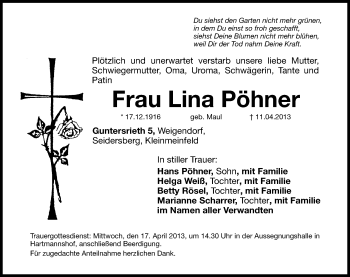 Traueranzeige von Lina Pöhner von Hersbrucker Zeitung