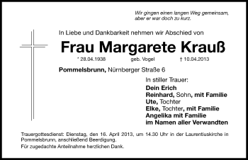 Traueranzeige von Margarete Krauß von Hersbrucker Zeitung