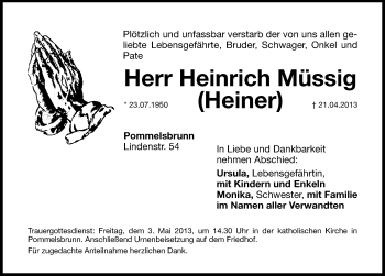 Traueranzeige von Heinrich Müssig von Hersbrucker Zeitung