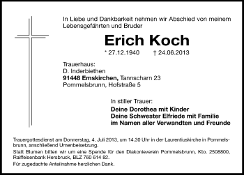 Traueranzeige von Erich Koch von Hersbrucker Zeitung