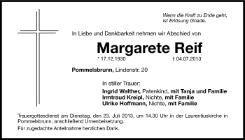 Traueranzeige von Margarete Reif von Hersbrucker Zeitung