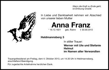 Traueranzeige von Anna Franz von Hersbrucker Zeitung